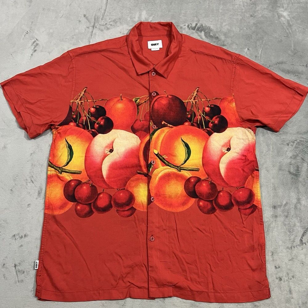 Obey Fruit Bowl Shirt Button Up Mens Large L Red Rayon Casual Art Fruit Painting
